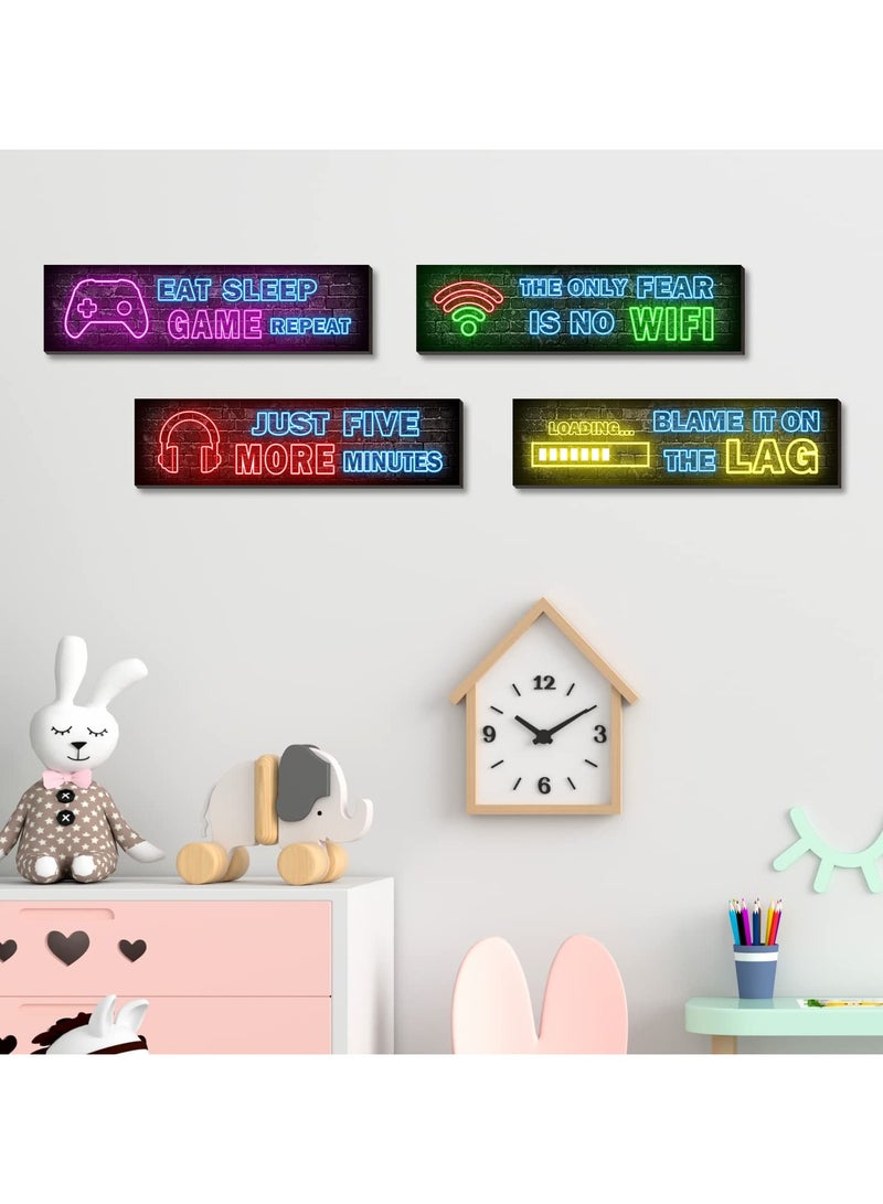 VIUAUAX 4 قطع من ملصقات الألعاب النيون المطبوعة، لوحة فنية جدارية مزخرفة، غرفة ألعاب من فن الحائط بطابع النيون، ديكورات غرف الأولاد المراهقين، ديكور جداري خشبي لغرف نوم اللاعبين - Image 4