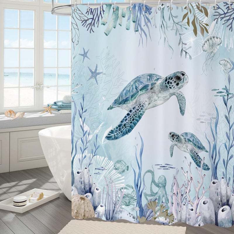 Caheansi Sea Turtle Shower Curtain  Teal Blue Ocean Beach Coastal Turtle Starfish Jellyfish Underwater Creatures Bathroom Curtain Waterproof Fabric Machine Washable With Hooks  72"" Wx72 L - Image 3
