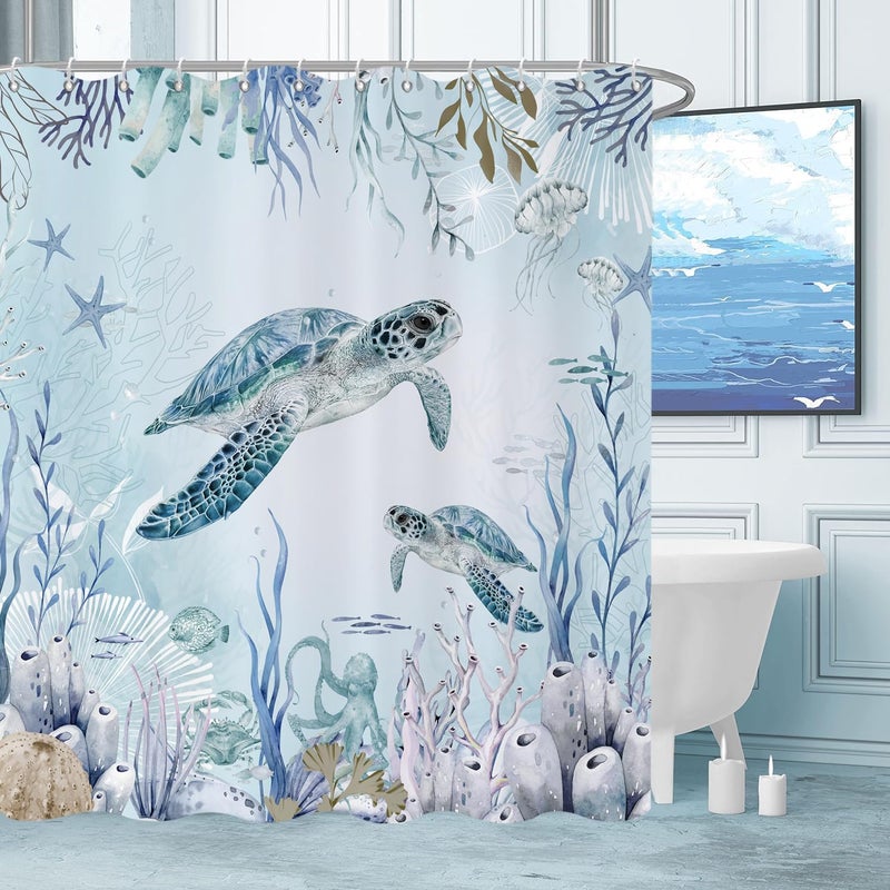 Caheansi Sea Turtle Shower Curtain  Teal Blue Ocean Beach Coastal Turtle Starfish Jellyfish Underwater Creatures Bathroom Curtain Waterproof Fabric Machine Washable With Hooks  72"" Wx72 L - Image 1