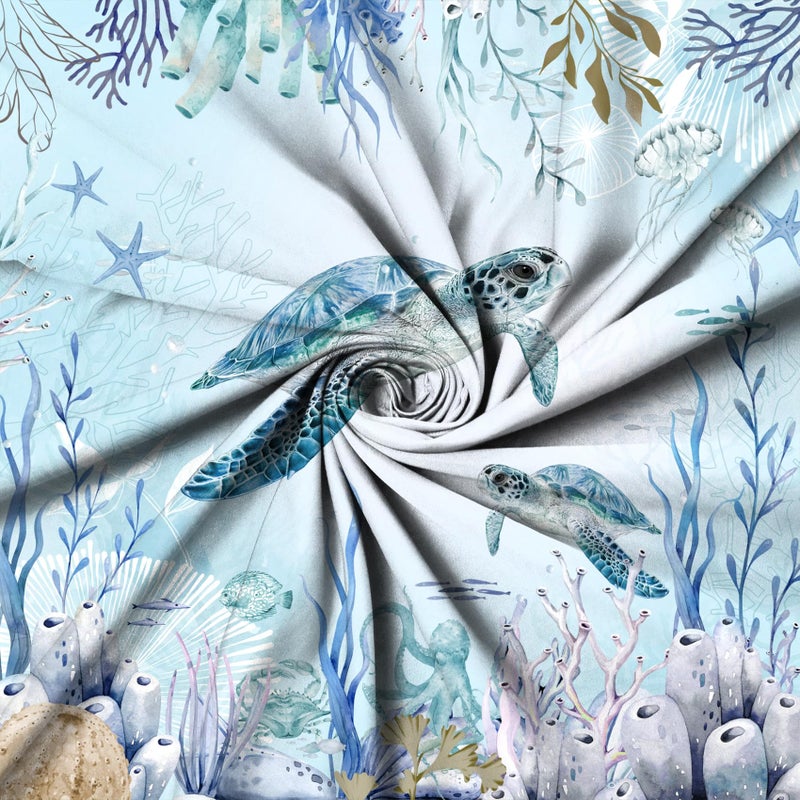 Caheansi Sea Turtle Shower Curtain  Teal Blue Ocean Beach Coastal Turtle Starfish Jellyfish Underwater Creatures Bathroom Curtain Waterproof Fabric Machine Washable With Hooks  72"" Wx72 L - Image 5