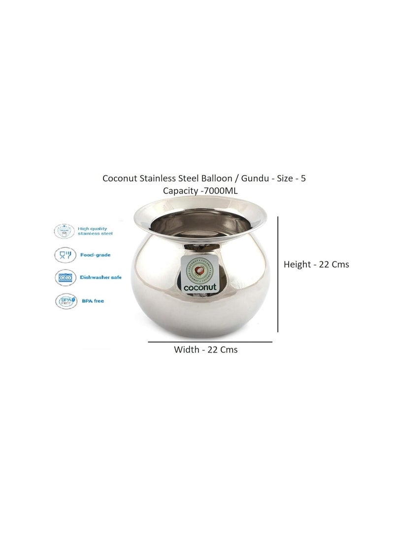 Coconut Stainless Steel Heavy Gauge Pongal Pot | Gundu Balloon Handi | Multipurpose Steel Cooking Vessel | Rust Resistant, Durable Kitchen Pot for Daily & Festival Use (7000ml) - Image 2