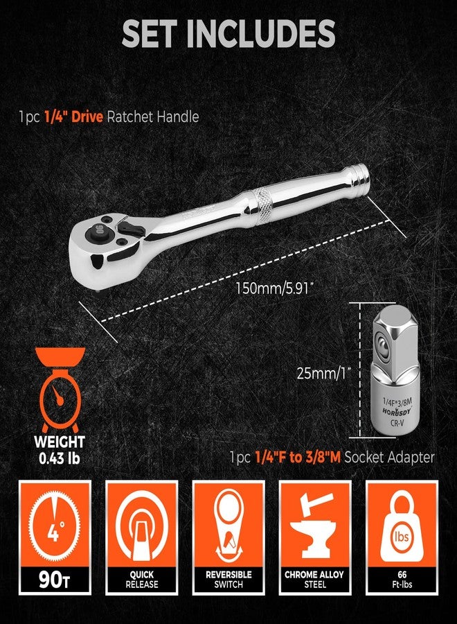 HORUSDY 1/4" Drive 90-Tooth Quick-Release Ratchet Handle with 1/4" to 3/8" Adapter, Reversible Thin Profile Socket Wrench, 4° Swing Arc, Ergonomic Anti-Slip Grip, Ideal for Auto, Bike & Home Repair - Image 3