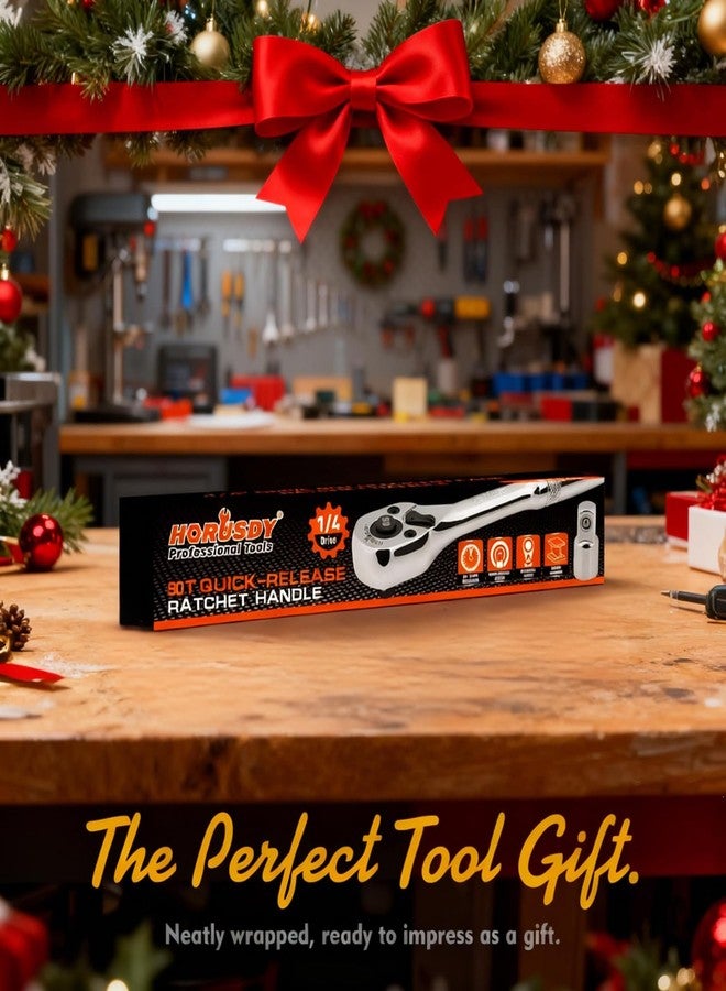 HORUSDY 1/4" Drive 90-Tooth Quick-Release Ratchet Handle with 1/4" to 3/8" Adapter, Reversible Thin Profile Socket Wrench, 4° Swing Arc, Ergonomic Anti-Slip Grip, Ideal for Auto, Bike & Home Repair - Image 2