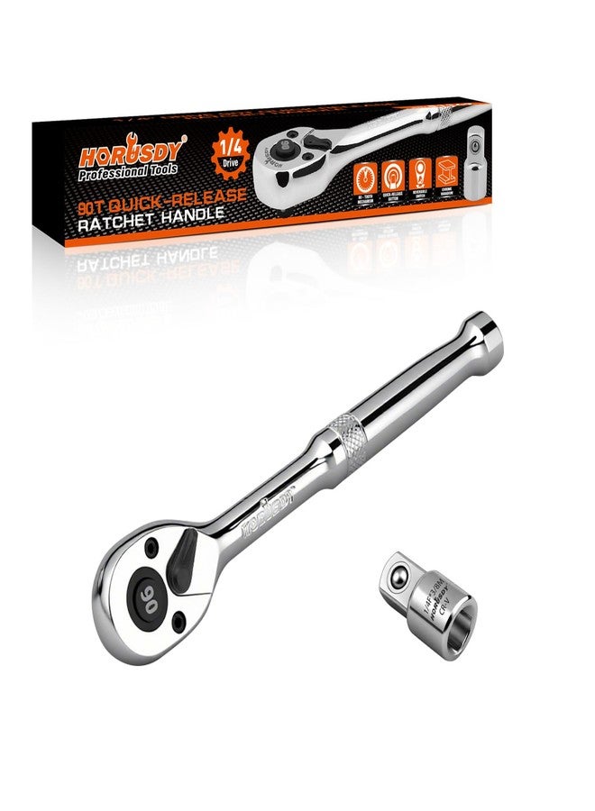 HORUSDY 1/4" Drive 90-Tooth Quick-Release Ratchet Handle with 1/4" to 3/8" Adapter, Reversible Thin Profile Socket Wrench, 4° Swing Arc, Ergonomic Anti-Slip Grip, Ideal for Auto, Bike & Home Repair - Image 1
