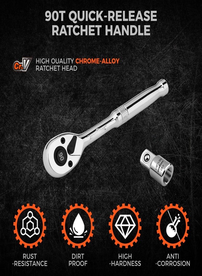 HORUSDY 1/4" Drive 90-Tooth Quick-Release Ratchet Handle with 1/4" to 3/8" Adapter, Reversible Thin Profile Socket Wrench, 4° Swing Arc, Ergonomic Anti-Slip Grip, Ideal for Auto, Bike & Home Repair - Image 5