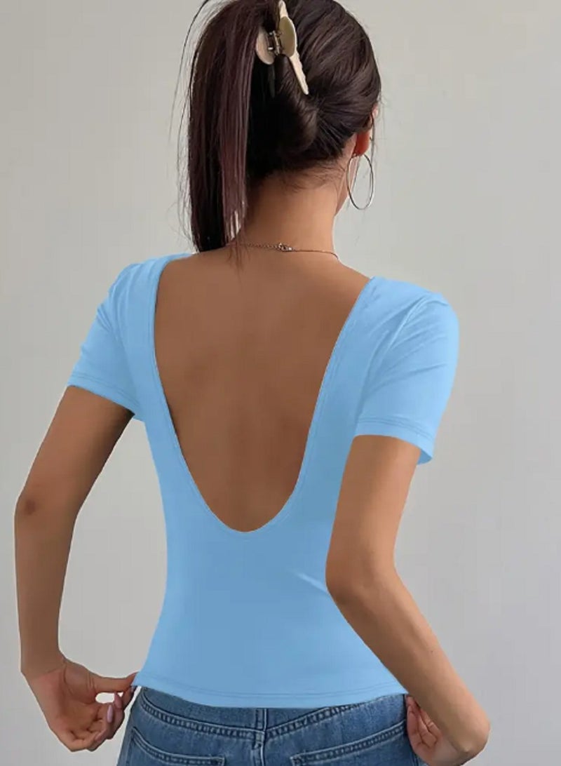 Women's t shirt with open back short sleeves round neck casual design cotton  - Image 3