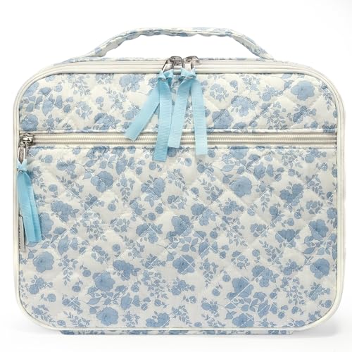WOBAGMEN Cotton Quilted Insulated Lunch Box for Women, Lunch Box for Teen Girls, Cute Blue Floral Quilted Lunch Bag, Leakproof Reusable Lunch Tote Bag for School Work Picnic Travel (blue floral, M) - Image 1