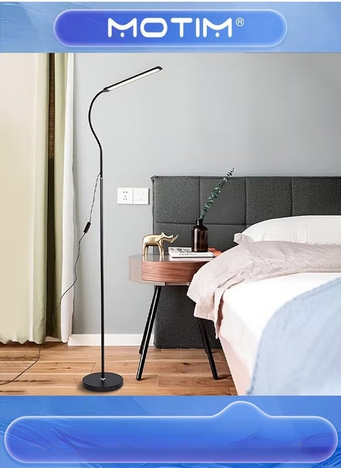 2 in 1 LED Floor Lamp Adjustable Gooseneck Standing Lamp with 3 Color Temperature 3000K-6000K Modern Desk Reading Lamp for Living Room Bedroom and Office Black