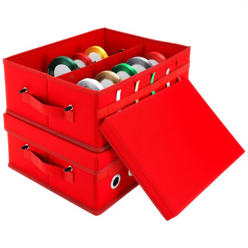 Cinnvoice 2 Pack Christmas Ribbon Organizer Container Box with Lid Gift Ribbon Organizer 11 x 14 x 5 for Craft Room RedB - Image 2