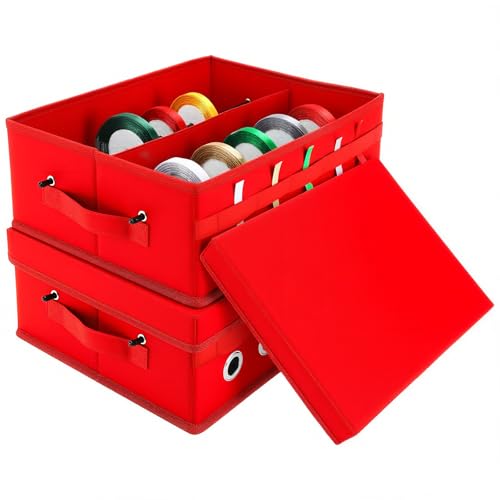 Cinnvoice 2 Pack Christmas Ribbon Organizer Container Box with Lid Gift Ribbon Organizer 11 x 14 x 5 for Craft Room RedB - Image 1