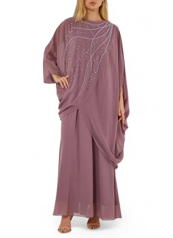 Amri Beautiful Chiffon Draped Dress with Embroidery Details And Long Sleeves