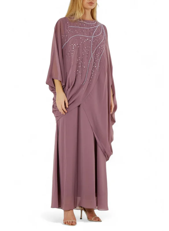 Amri Beautiful Chiffon Draped Dress with Embroidery Details And Long Sleeves