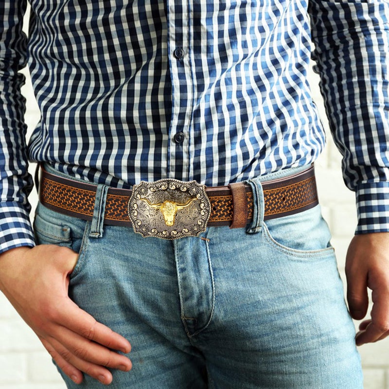 bison denim أحزمة جلدية مزدوجة من بيسون دينيم للرجال بنمط ثور كاوبوي مزخرف بالذهب مع مشبك مزخرف بالزهور قابل للتبديل - Image 2