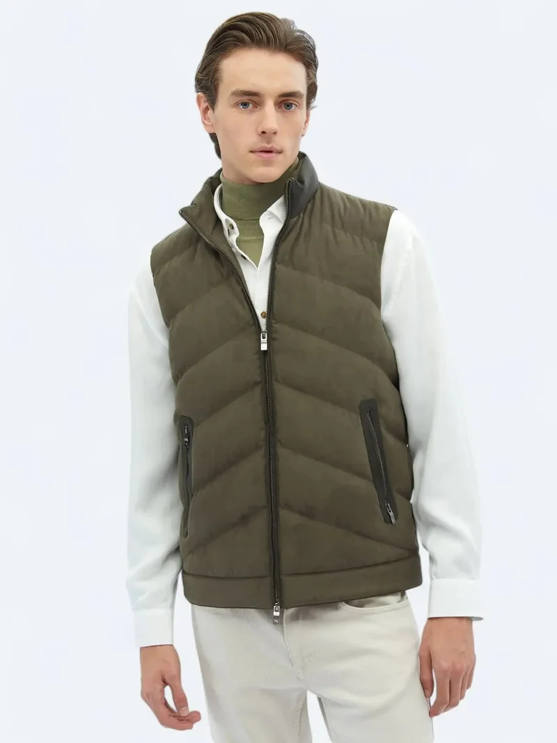 Kip Khaki Regular Fit Turtleneck Casual Weaving Puffer Vest