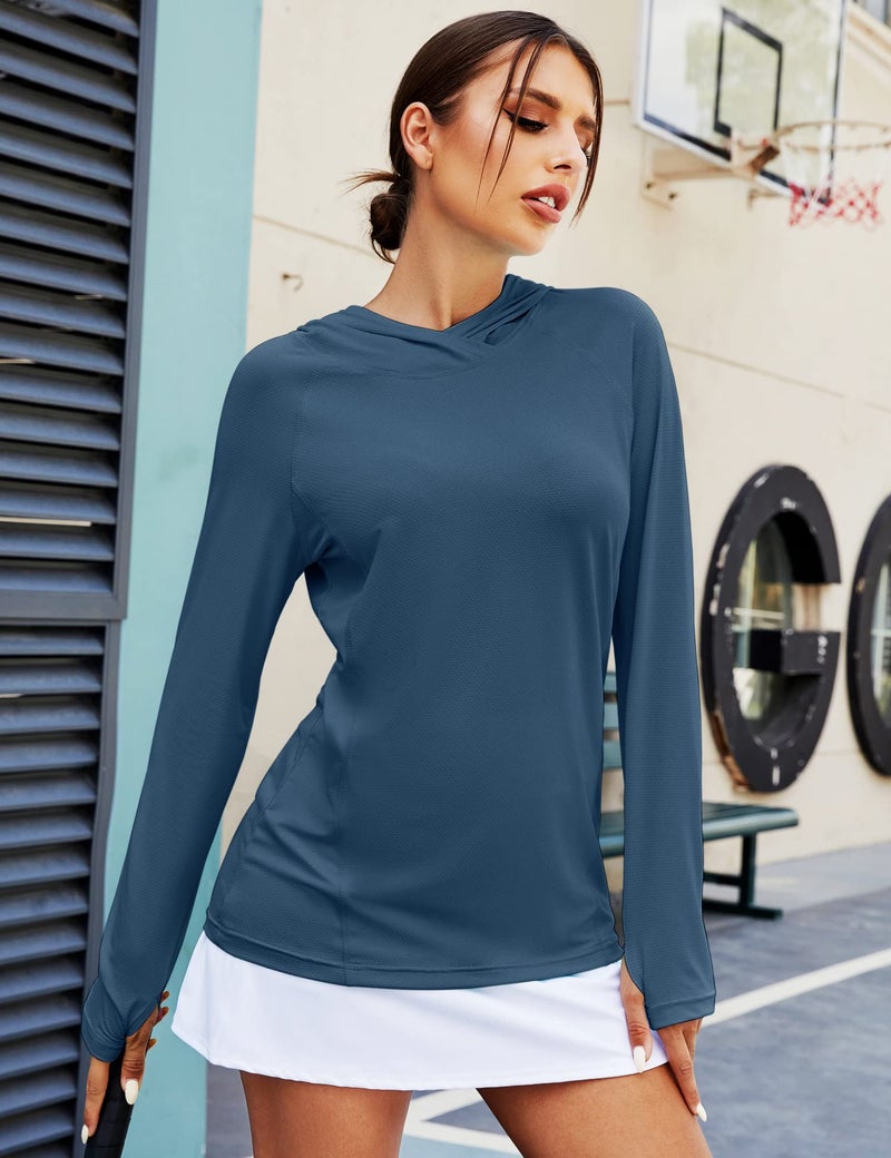 LUYAA UPF 50 Long Sleeve Women UV Protection Clothing Hood Shirts Womens Fishing Hoodie Thumb Shirt Sweatshirt Hiking Summer Navy Blue - Image 5