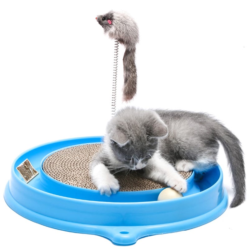 AUOON Cat Scratcher Toy Cat Scratch Pad with Cat Toy Ball Track and Plush Mouse Toy for Indoor Cats and Kittens Blue