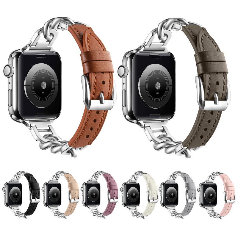 إيروريكس سوار ساعة من الجلد الطبيعي بسلسلة لساعة Apple Watch Ultra 49 مم وWatch Ultra 2 49 مم / Series 9 و8 و7 45 مم / Se 3 وSe 2 و6 وSe و5 و4 44 مم / 3 و2 و1 42 مم، المقاس: كبير (مشمشي) - Image 4