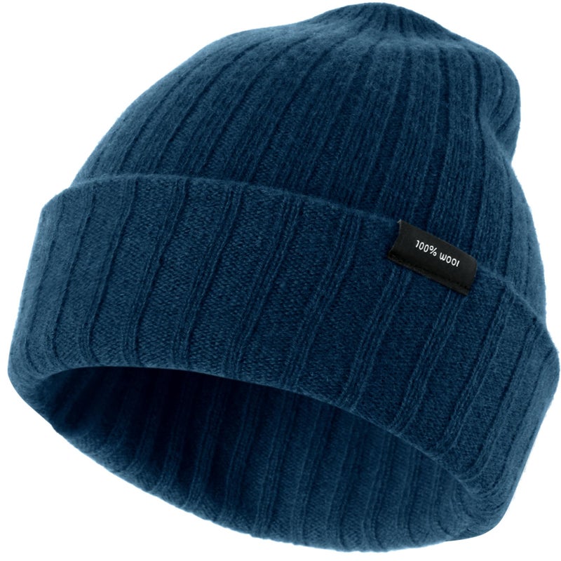 Ababalaya 100% Wool Beanie for Men Women Windproof Double Layer Super Cozy Knitted Cuffed Beanies Unisex Warm Winter Hat with Ear Protection & Face-Slimming Fit, MidnightBlue - Image 1