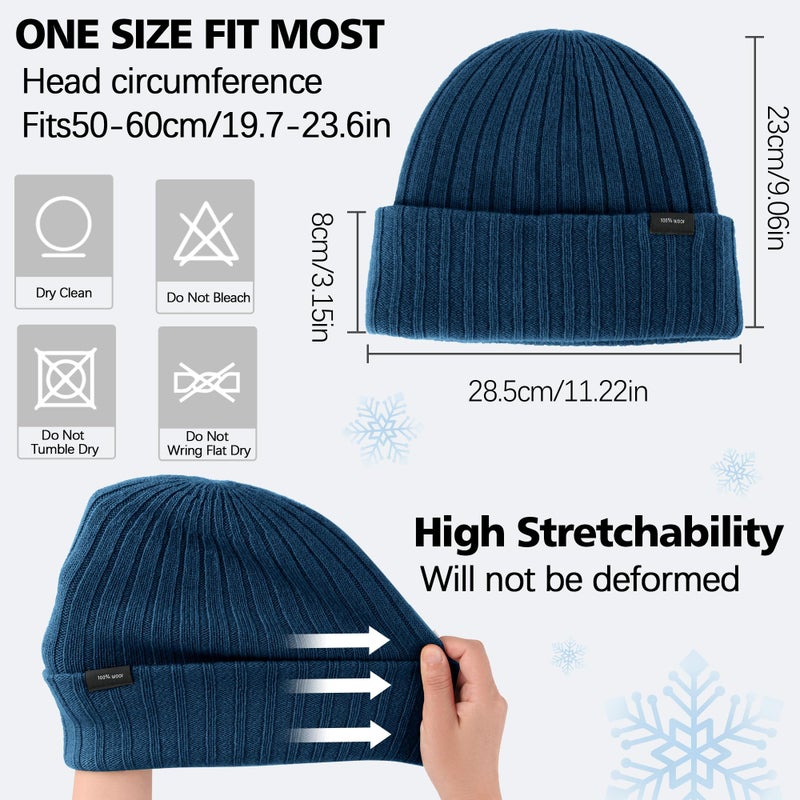 Ababalaya 100% Wool Beanie for Men Women Windproof Double Layer Super Cozy Knitted Cuffed Beanies Unisex Warm Winter Hat with Ear Protection & Face-Slimming Fit, MidnightBlue - Image 3