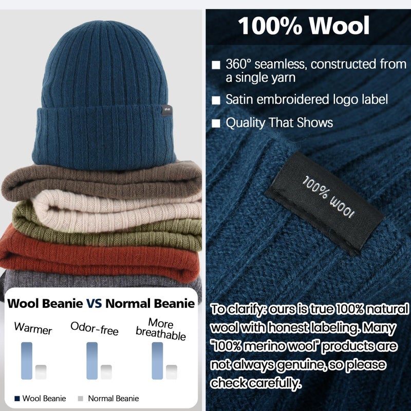 Ababalaya 100% Wool Beanie for Men Women Windproof Double Layer Super Cozy Knitted Cuffed Beanies Unisex Warm Winter Hat with Ear Protection & Face-Slimming Fit, MidnightBlue - Image 2