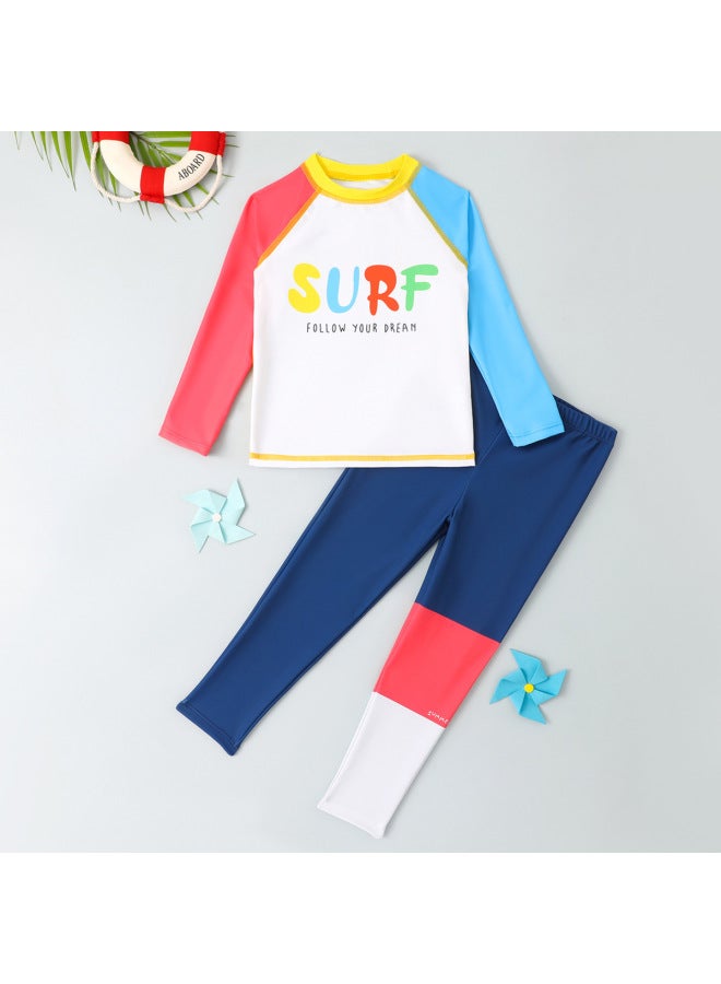 إسكدنيا خريف 2023 ملابس سباحة للأطفال متوسطة وصغيرة للأطفال بنطال بأكمام طويلة سريع الجفاف رياضي للحماية من الشمس - اللون: أزرق داكن - - Image 1