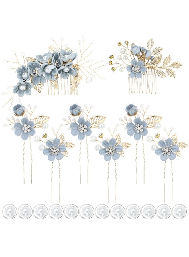 20 Pack Classy Dusty Blue Flower Bridal Wedding Hair Side Combs+Floral Hair Pins+Twist Spiral Pearl Hair Pins Clips Pieces Formal Prom Headpieces Accessories for Brides Bridesmaids Women Girls - Image 1