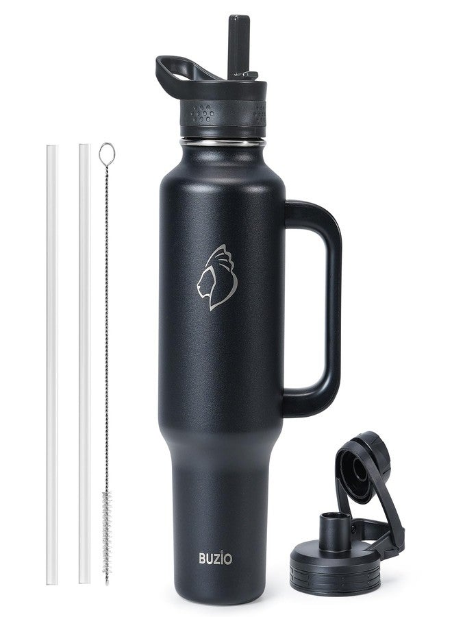 BUZIO Insulated Water Bottle with Handle & Flip Straw, 40oz Metal Travel Tumbler Fits in Cup Holders, Dishwasher Safe Leakproof Reusable Sport Mug, Gift for Women & Men, Keep Cold for 48hrs, Black - Image 1