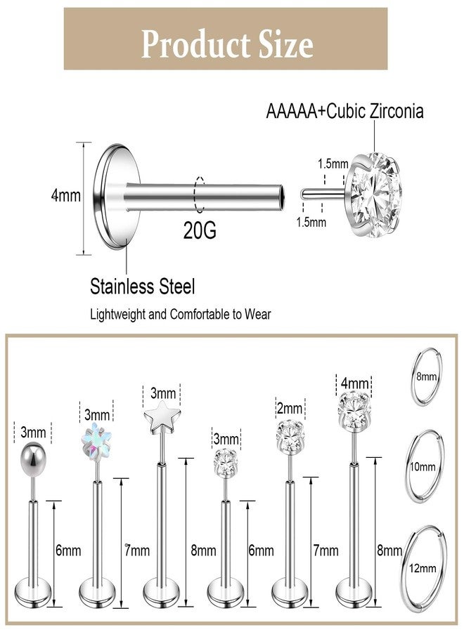 ONESING 18Pcs Threadless Flat Back Earrings 20G Stainless Steel Cartilage Earrings for Women Hypoallergenic Small Huggie Hoop Flat Back Stud Earrings Tragus Helix Labret Lip Conch Push in Nose Studs Body Piercing Jewelry - Image 2