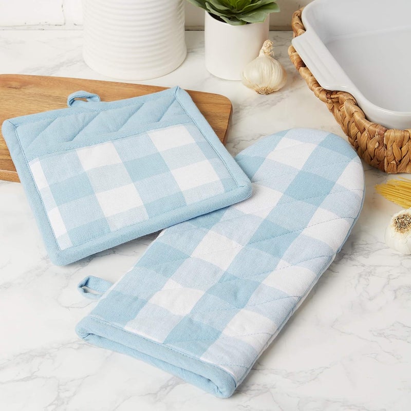 DII Buffalo Check Kitchen Collection, Classic Farmhouse Kitchen Set, Potholder & Oven Mitt, White & Light Blue, 2 Piece - Image 4
