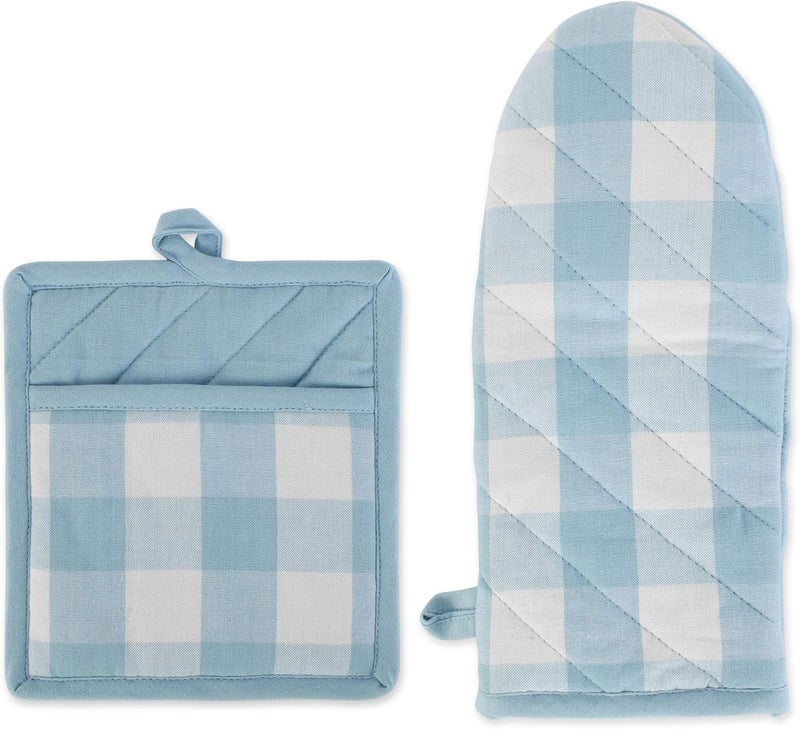 DII Buffalo Check Kitchen Collection, Classic Farmhouse Kitchen Set, Potholder & Oven Mitt, White & Light Blue, 2 Piece - Image 1