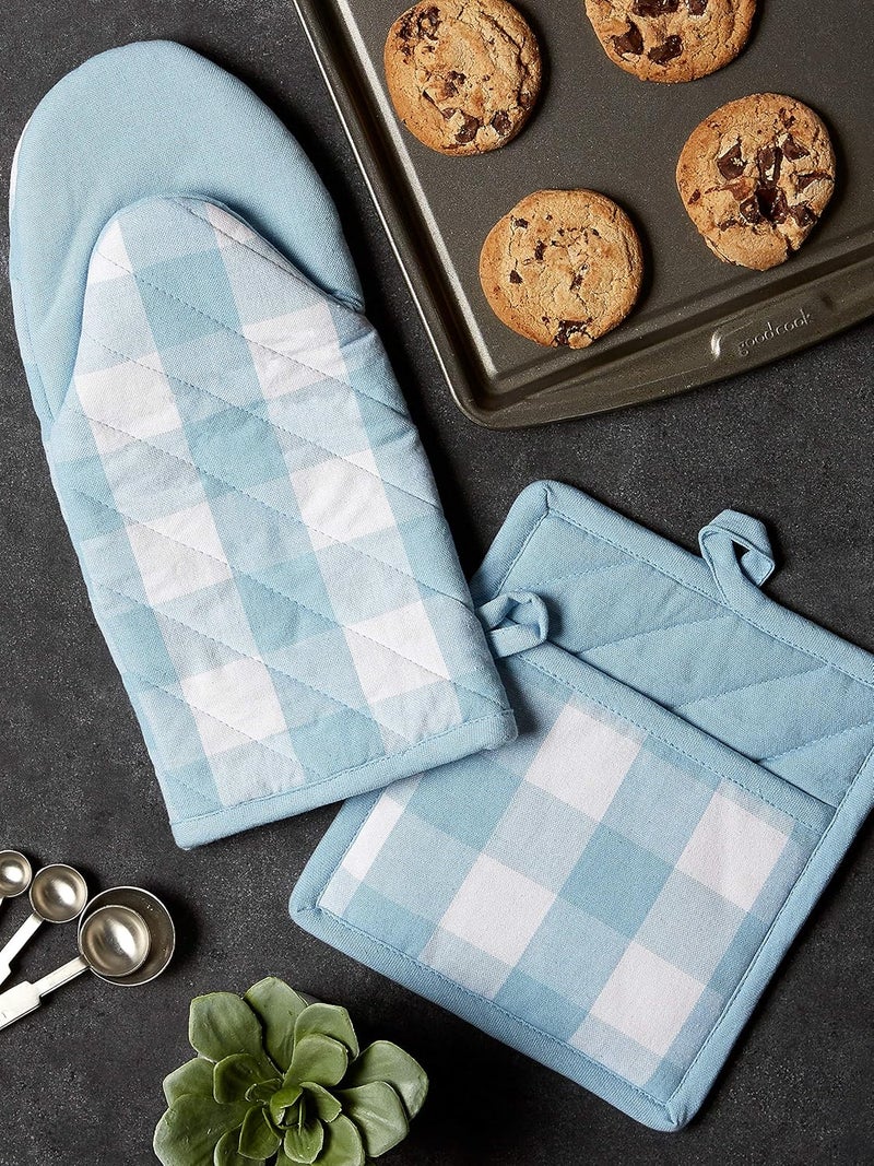 DII Buffalo Check Kitchen Collection, Classic Farmhouse Kitchen Set, Potholder & Oven Mitt, White & Light Blue, 2 Piece - Image 3