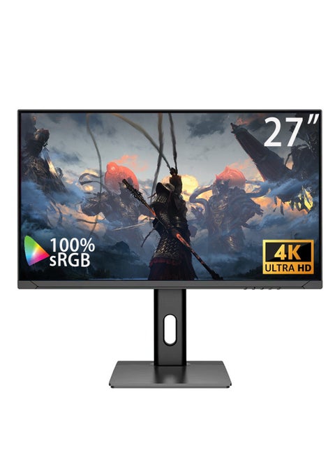 شاشة 27 بوصة 4K UHD IPS، 3840x2160، 60 هرتز، HDR400، عمق ألوان 10 بت، 100% sRGB، 86% DCI-P3، متوافقة مع FreeSync وG-Sync، مكبرات صوت مزدوجة 5 وات، مرشح الضوء الأزرق، منفذ HDMI مزدوج ومنفذ DisplayPort مزدوج، حامل قابل لتعديل الارتفاع، قابل للتركيب على VESA (100x100 مم).