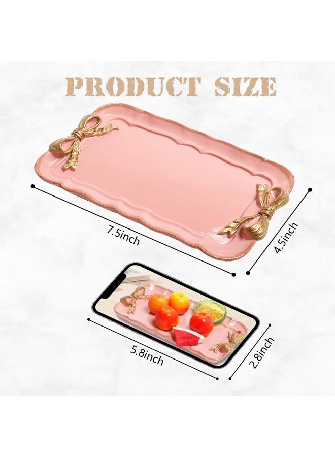 Warmtree Vintage Decorative Tray Towel Tray Storage Tray Dish Plate Fruit Trays Rings Chain Bracelets Earrings Trays Cosmetics Jewelry Organizer Retro Design Bow-Knot Resin Plate (Pink) - Image 2