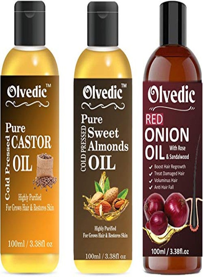 OLVEDIC 100% Pure & Natural Castor Oil, Sweet Almonds Oil & Red Onion Oil in Combo Pack of 3 (100 ml each) - Image 1
