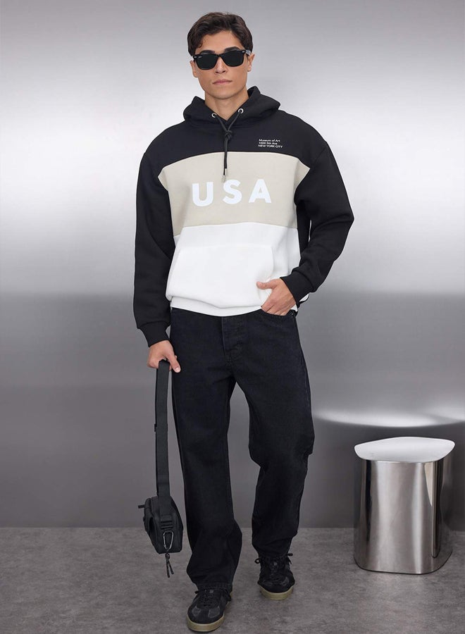 trendyol Black Oversize/Wide Cut Color Block City Printed Hooded Sweatshirt - Image 2