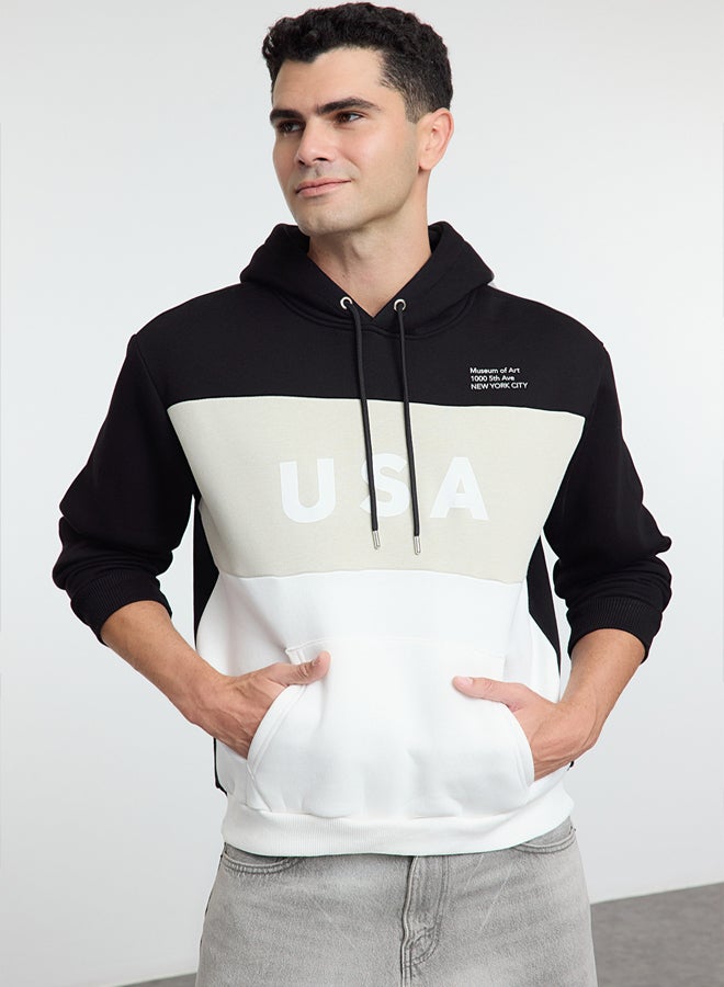 trendyol Black Oversize/Wide Cut Color Block City Printed Hooded Sweatshirt - Image 5