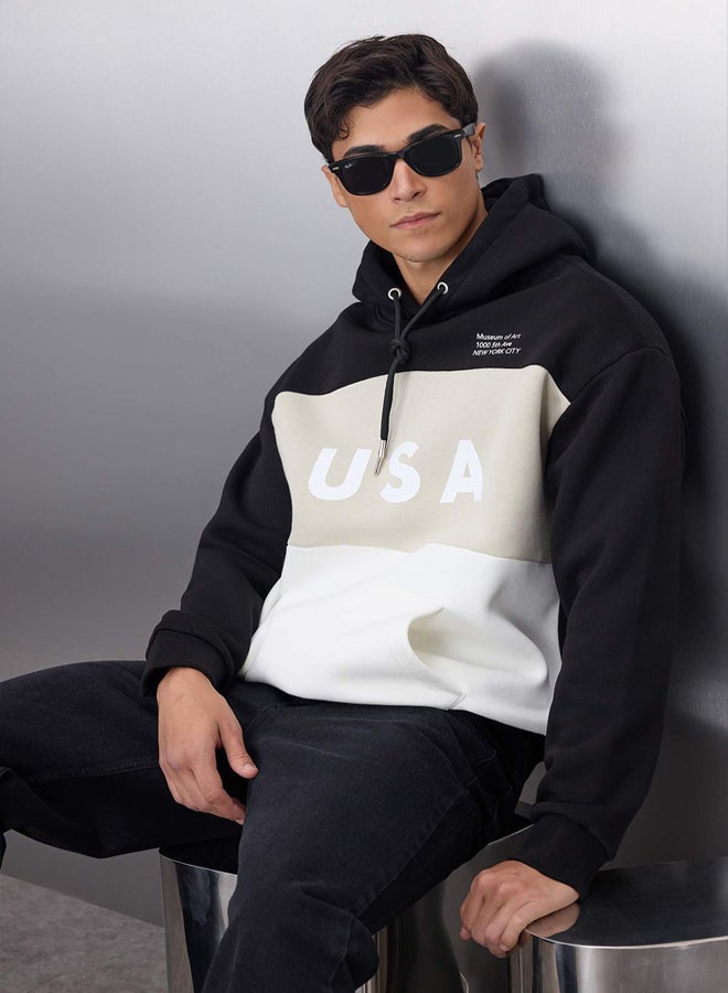 trendyol Black Oversize/Wide Cut Color Block City Printed Hooded Sweatshirt - Image 1