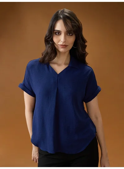 جلو باص بلوزة نسائية بلون أزرق بياقة وأكمام طويلة بتصميم ذاتي من جلوبس