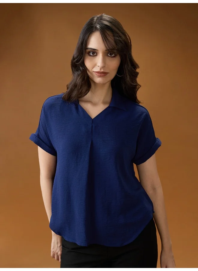 جلو باص بلوزة نسائية بلون أزرق بياقة وأكمام طويلة بتصميم ذاتي من جلوبس