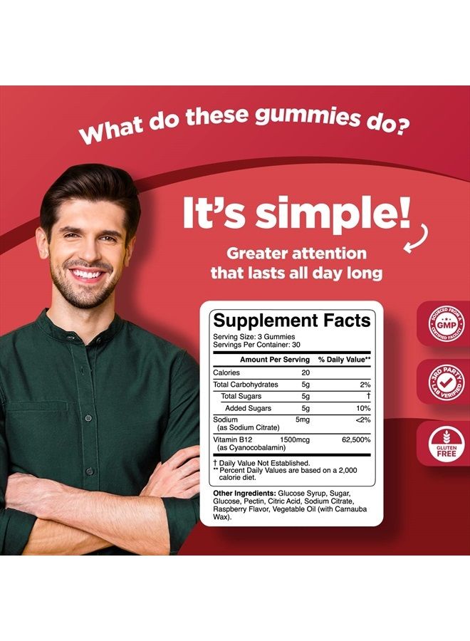 Phytoral Vegan Vitamin B12 Gummies for Adults - Extra Strength B12 Vitamin Daily Energy Gummies for Women and Men - Delicious Vitamin B Gummies with Vitamin B12 1500mcg Non-GMO Gluten Free Raspberry Flavor - Image 3