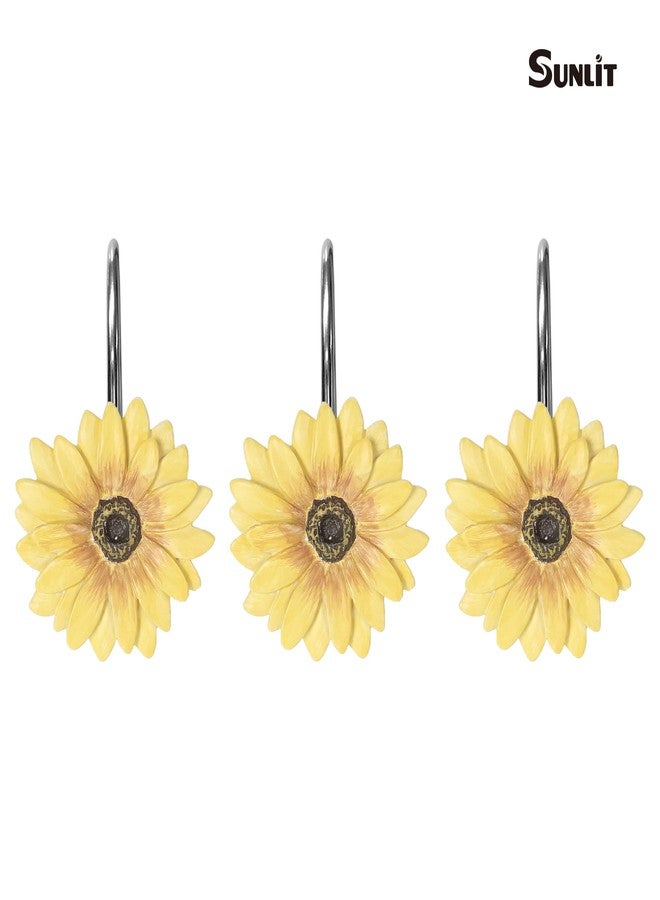 Sunlit Yellow Sunflower Shower Curtain Hooks, Home Decorative Shower Curtain Rings for Bathroom, Resin, Summer Floral Shower Curtain Hanger Hooks for Living Room, Set of 12 - Image 2