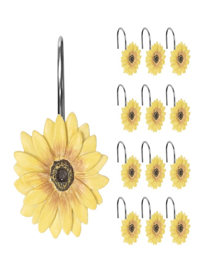 Sunlit Yellow Sunflower Shower Curtain Hooks, Home Decorative Shower Curtain Rings for Bathroom, Resin, Summer Floral Shower Curtain Hanger Hooks for Living Room, Set of 12 - Image 1
