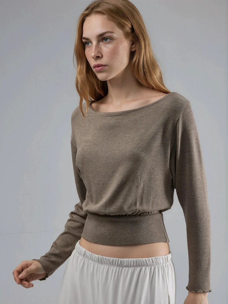 Busem BUSEM Boat Neck Long Sleeve Elastic Blouse