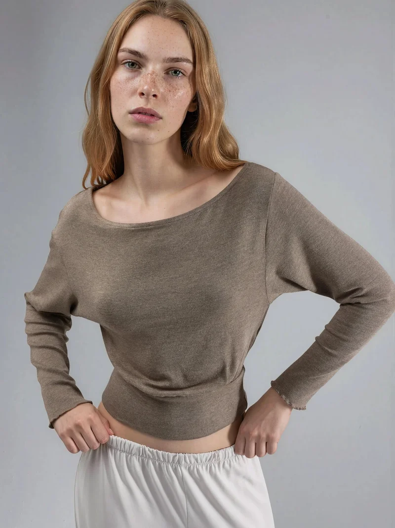 بوسيم BUSEM Boat Neck Long Sleeve Elastic Blouse