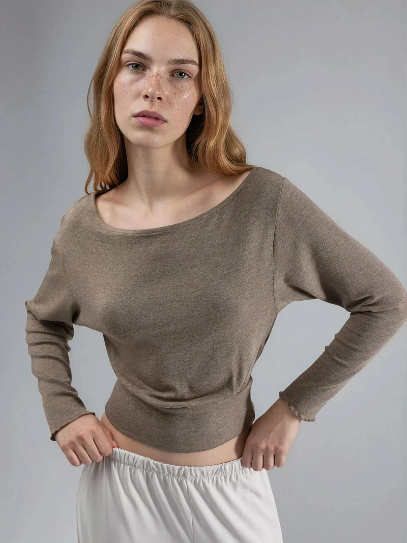 بوسيم BUSEM Boat Neck Long Sleeve Elastic Blouse