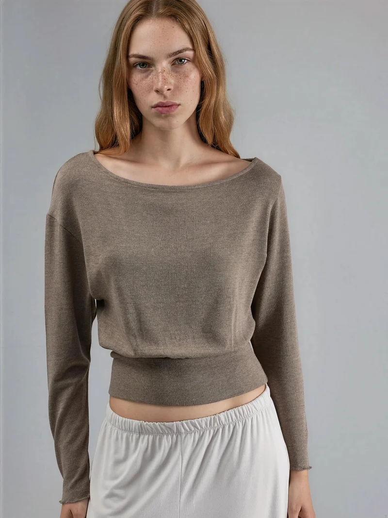 Busem BUSEM Boat Neck Long Sleeve Elastic Blouse