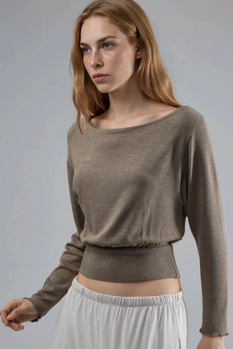 بوسيم BUSEM Boat Neck Long Sleeve Elastic Blouse