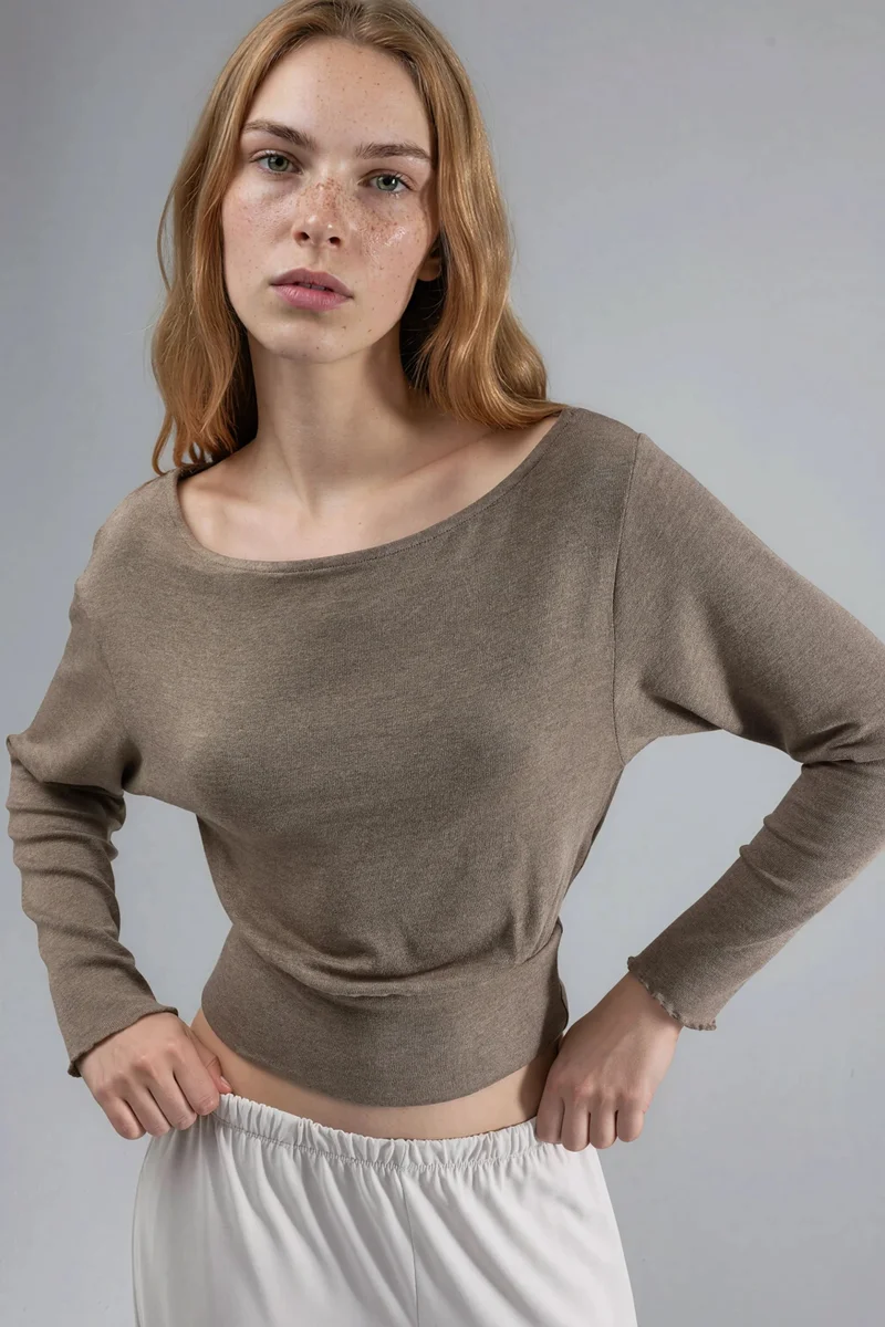بوسيم BUSEM Boat Neck Long Sleeve Elastic Blouse