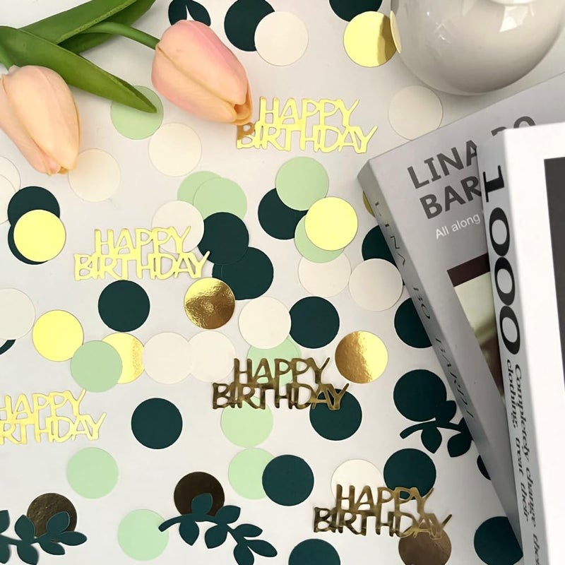 GYESXYW Sage Green Happy Birthday Confetti, Birthday Table Decorations Scatter Green Gold Foil Cake Confetti Decorations for Party, Baby Shower DIY Arts Crafting 230 Pcs - Image 4