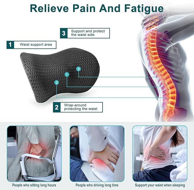 Shrevi Lumbar Support Pillow Ergonomic Memory Foam Relieve Back Pain, CMFY Breathable & Detachable & Washable, Neo Cushion Lower Back Pillow for Office Chairs, Car Seats (Black) - Image 3